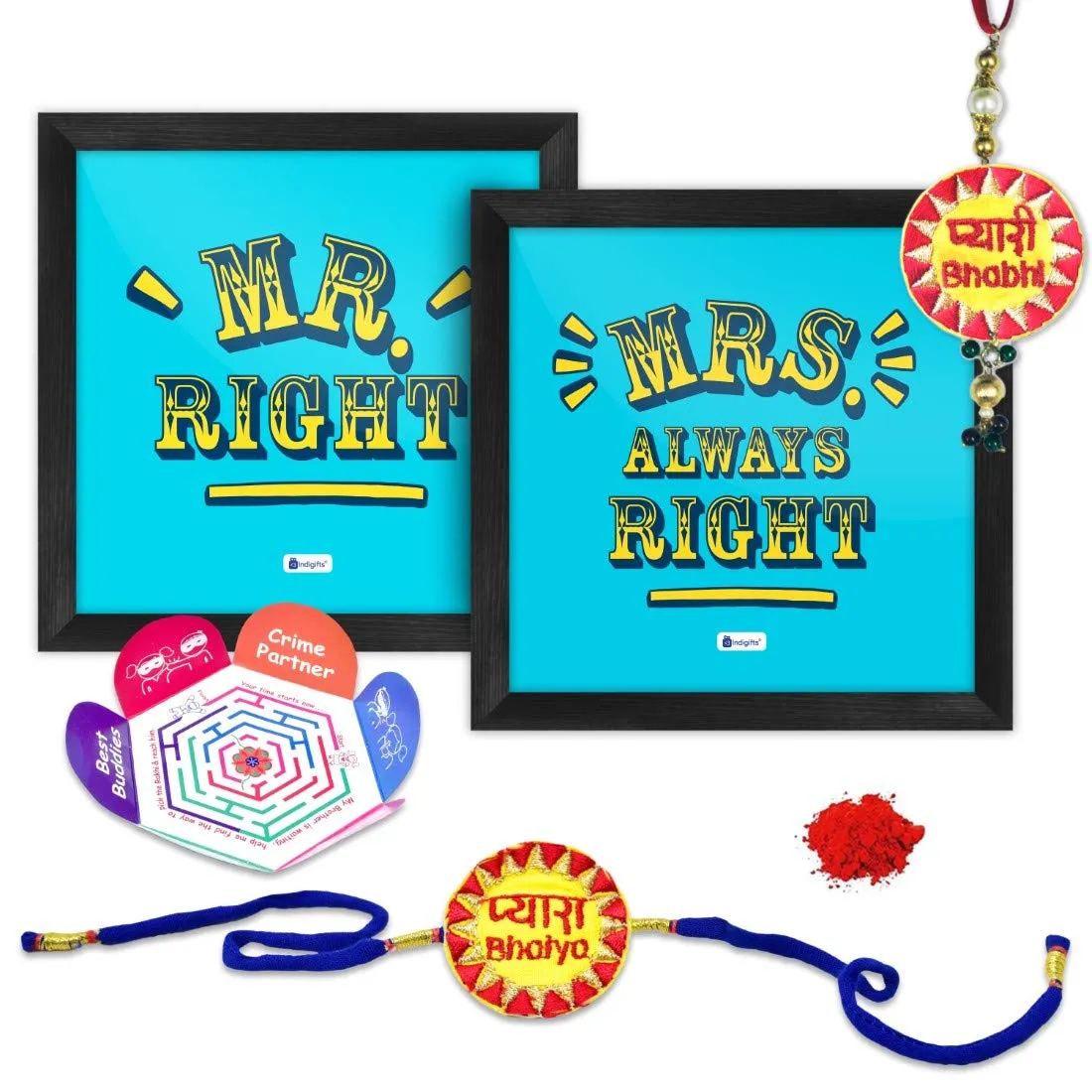 Indigifts Rakhi Gift For Brother And Bhabhi | Mr. Right & Mrs. Right Printed Blue 2 Poster Frames 6"x6", Pyara Bhaiya & Pyari Bhabhi Lumba Rakhi Set | Bhai Bhabhi Rakhi, Rakshabandhan Gift