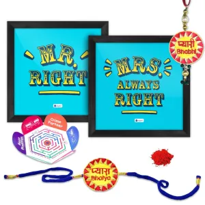 Indigifts Rakhi Gift For Brother And Bhabhi | Mr. Right & Mrs. Right Printed Blue 2 Poster Frames 6"x6", Pyara Bhaiya & Pyari Bhabhi Lumba Rakhi Set | Bhai Bhabhi Rakhi, Rakshabandhan Gift