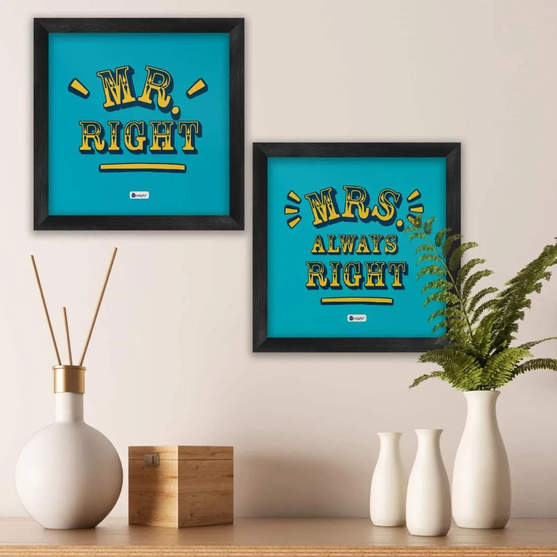 Indigifts Rakhi Gift For Brother And Bhabhi | Mr. Right & Mrs. Right Printed Blue 2 Poster Frames 6"x6", Pyara Bhaiya & Pyari Bhabhi Lumba Rakhi Set | Bhai Bhabhi Rakhi, Rakshabandhan Gift