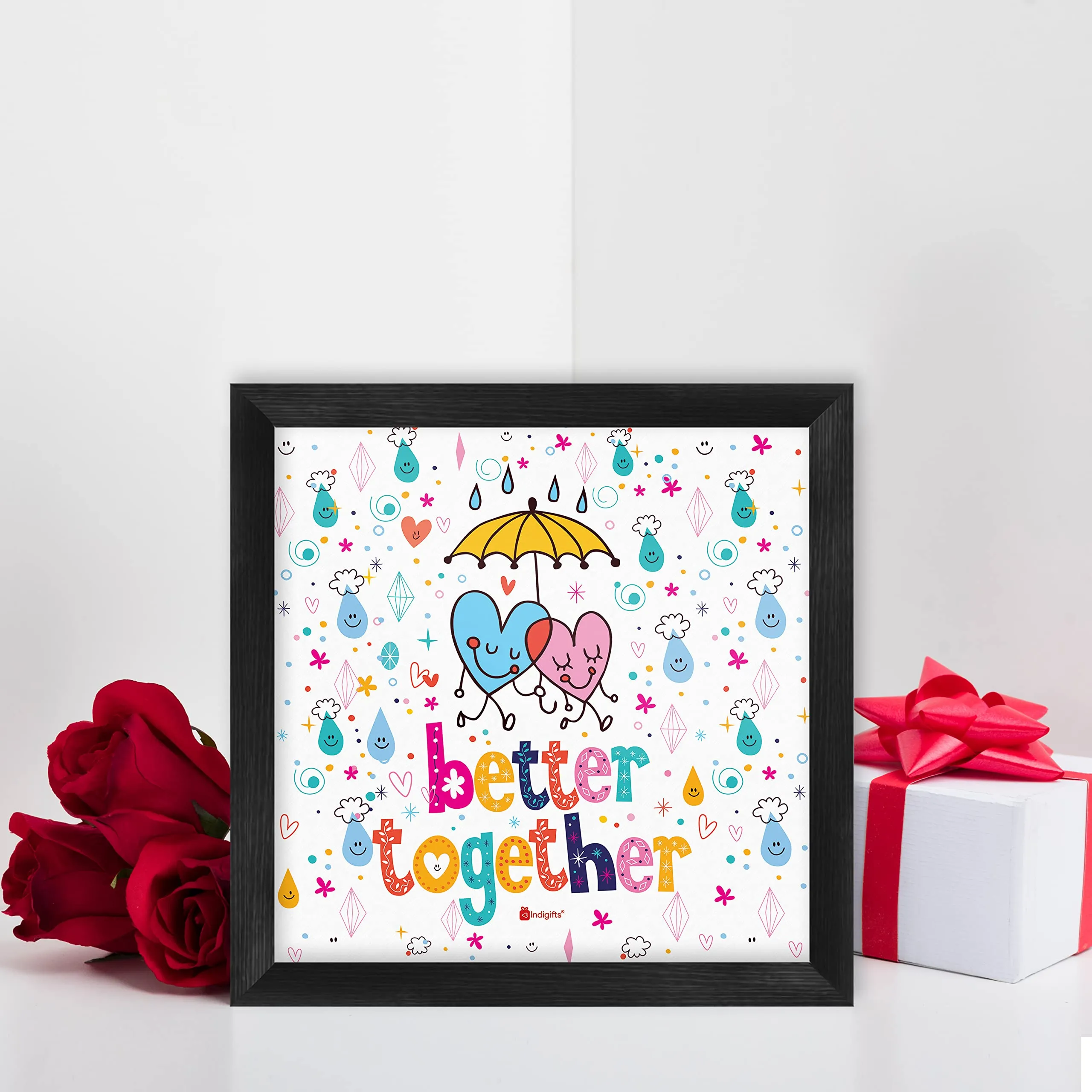 Indigifts Valentine Gifts for Girlfriend Better Together Quote Printed White Poster Frame 6x6 inches - Valentine Gift For Boyfriend Love, Valentine Day Gift, Love Gifts For Boyfriend Wife Husband
