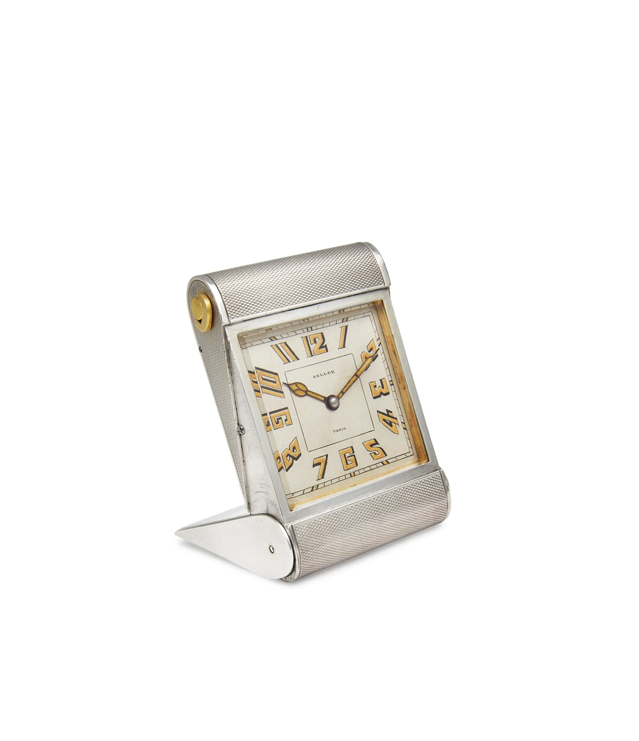 Keller Paris folding travel clock | engine-turned case