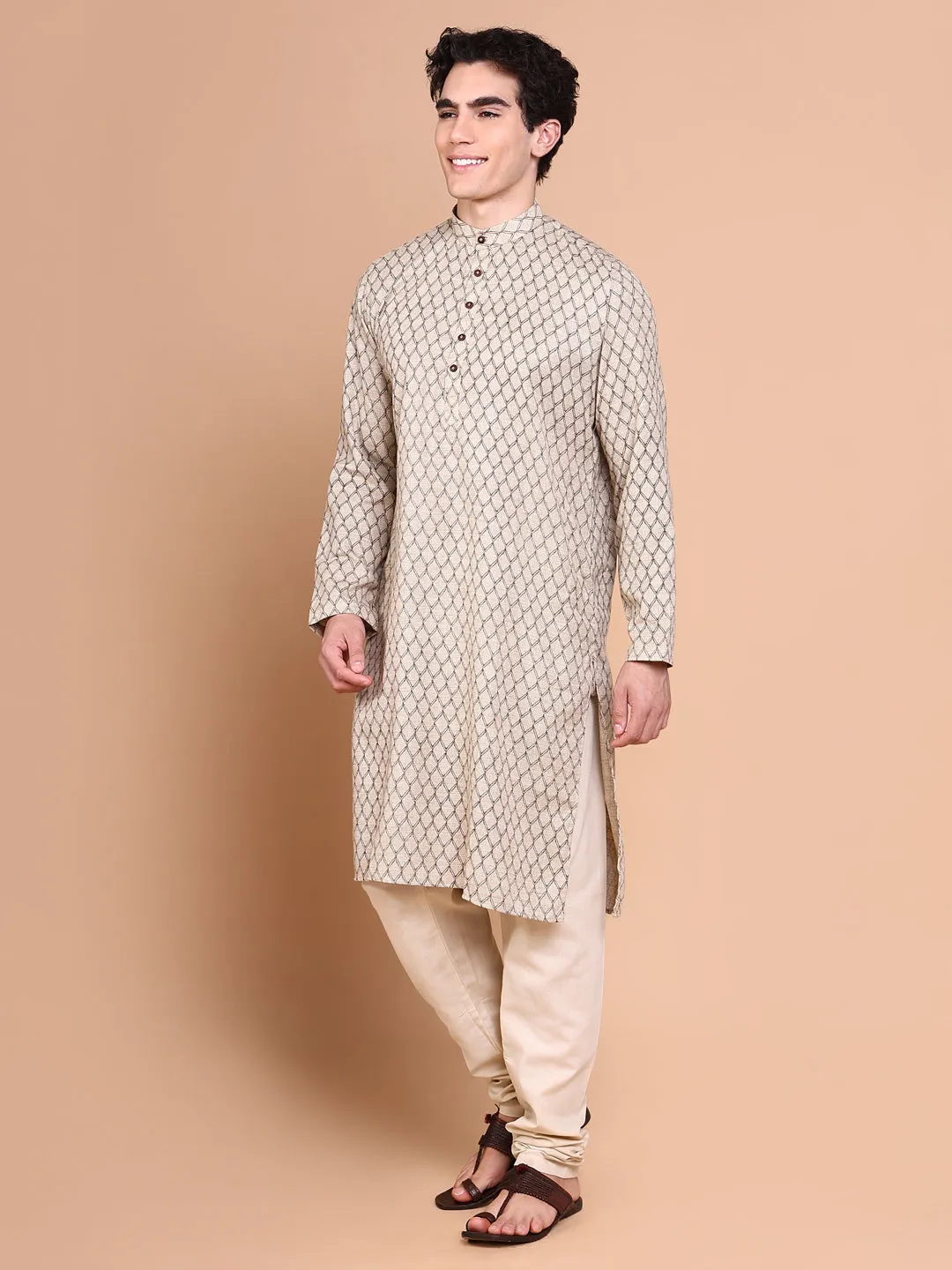 Men Beige Geometric Regular Kurta Set