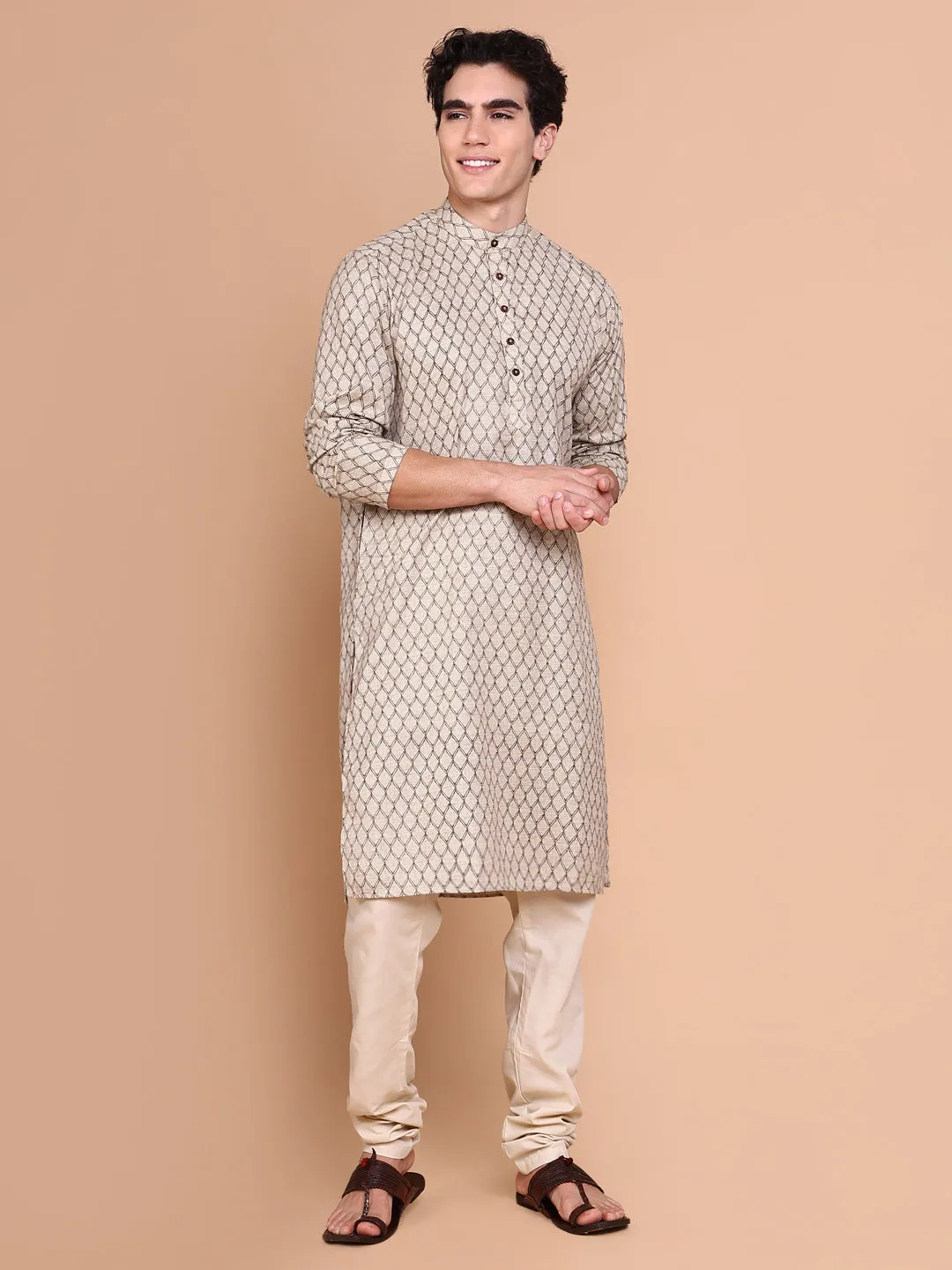 Men Beige Geometric Regular Kurta Set