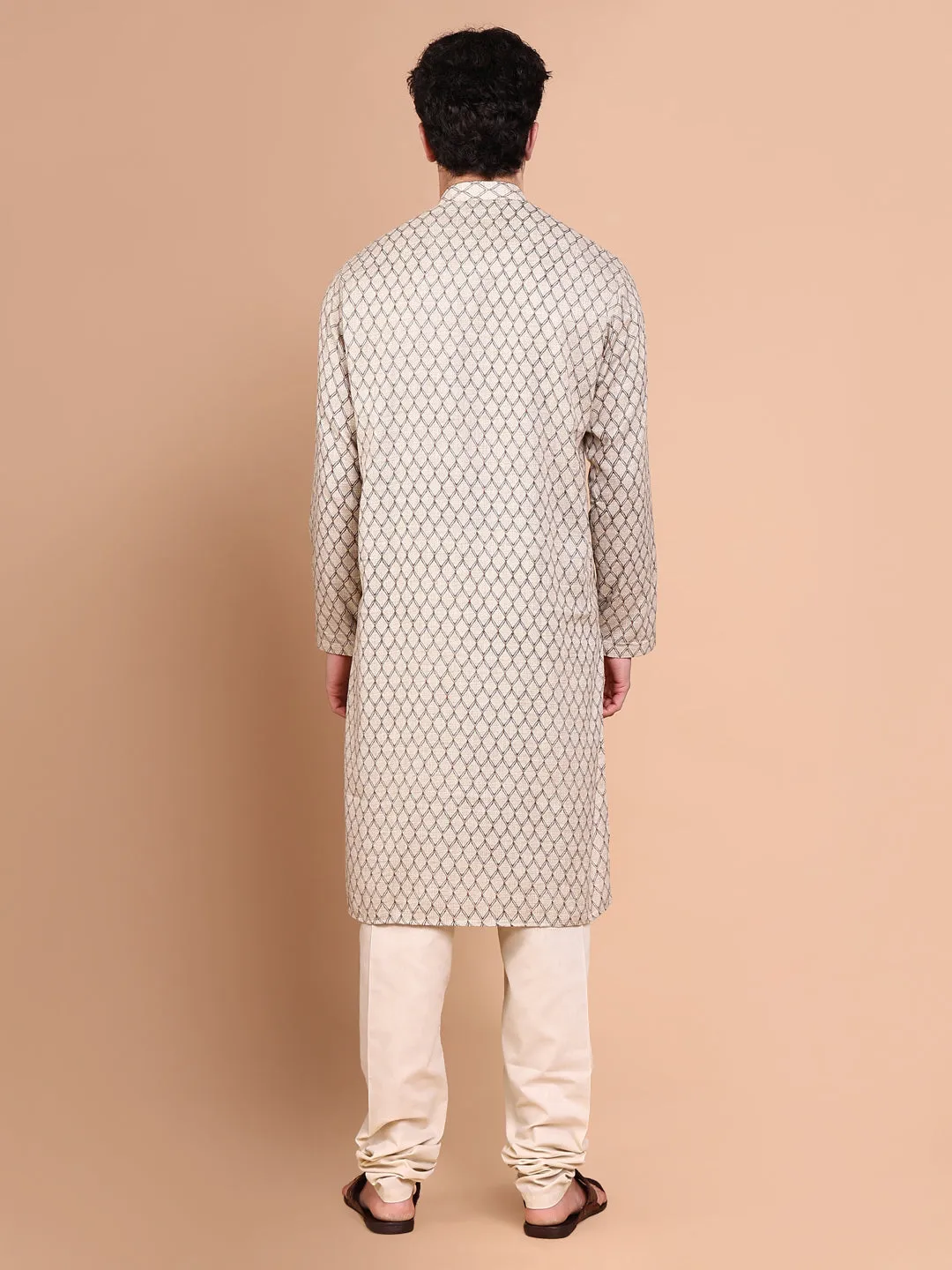 Men Beige Geometric Regular Kurta Set