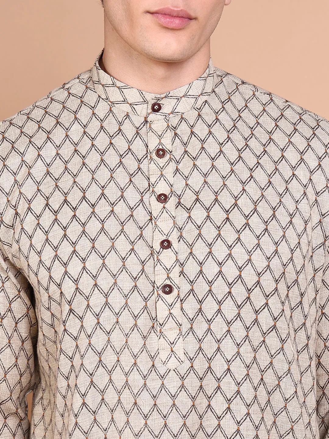 Men Beige Geometric Regular Kurta Set