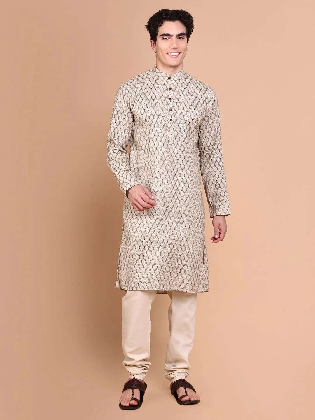 Men Beige Geometric Regular Kurta Set
