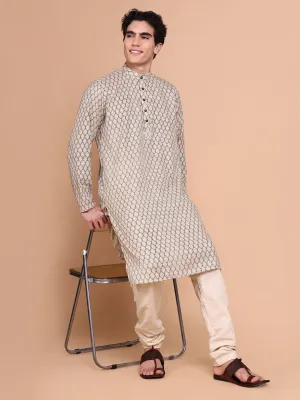 Men Beige Geometric Regular Kurta Set