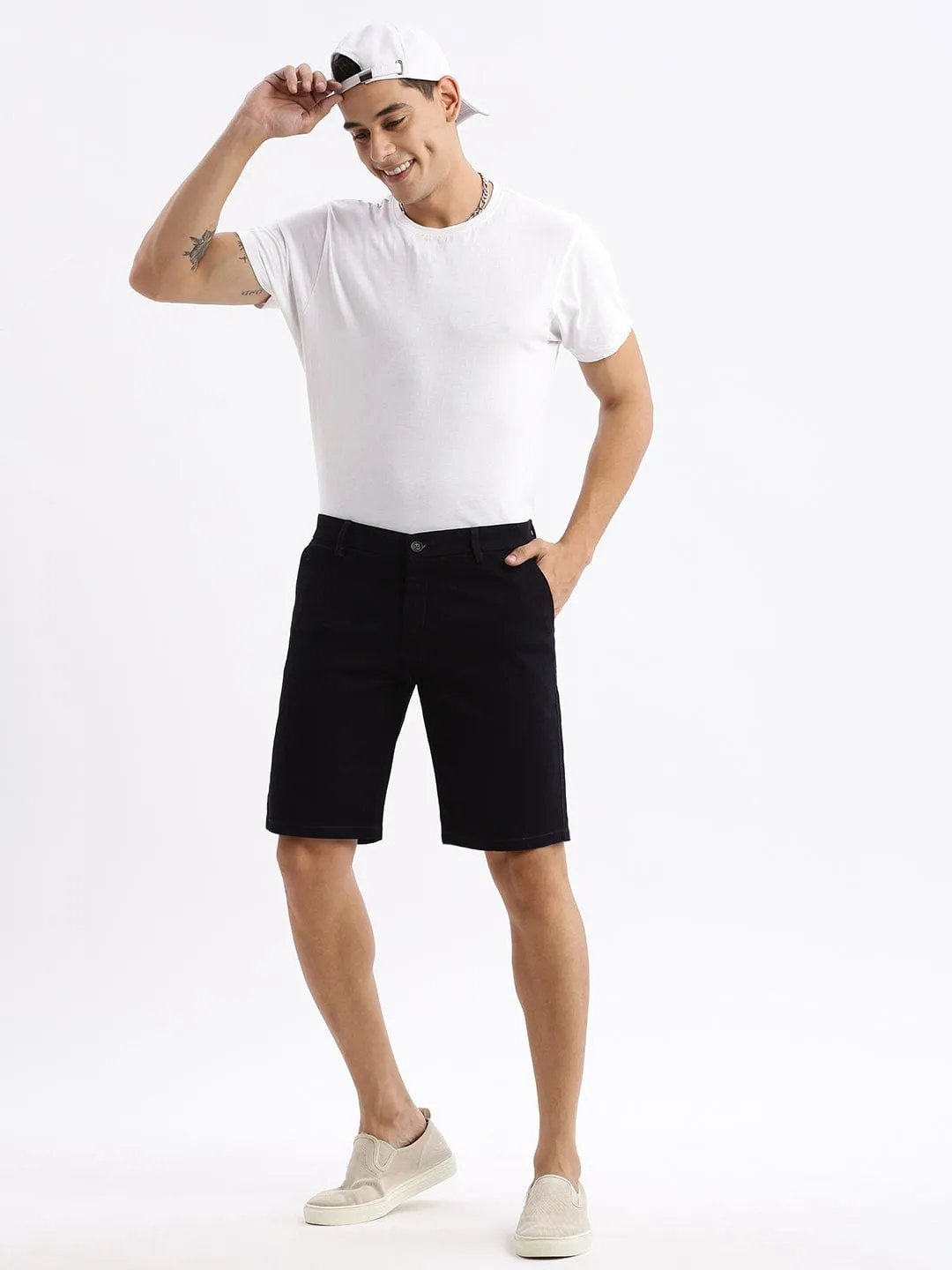 Men Geometric Navy Blue Low-Rise Denim Shorts