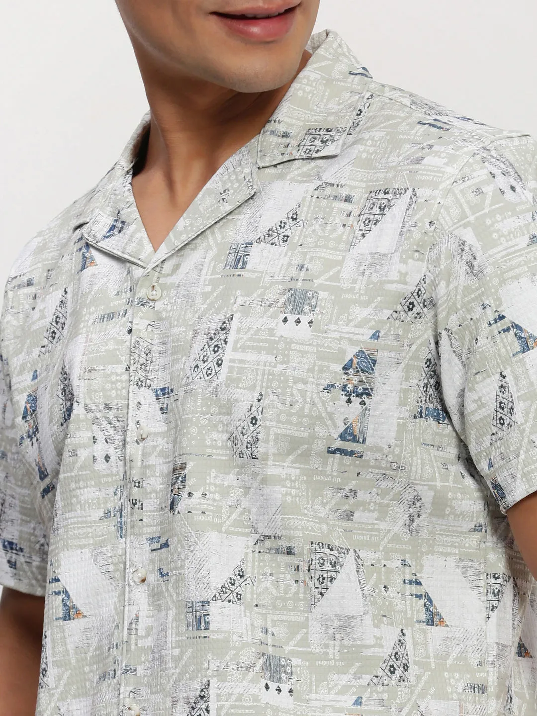 Men Green Abstract Cuban Collar Shirt