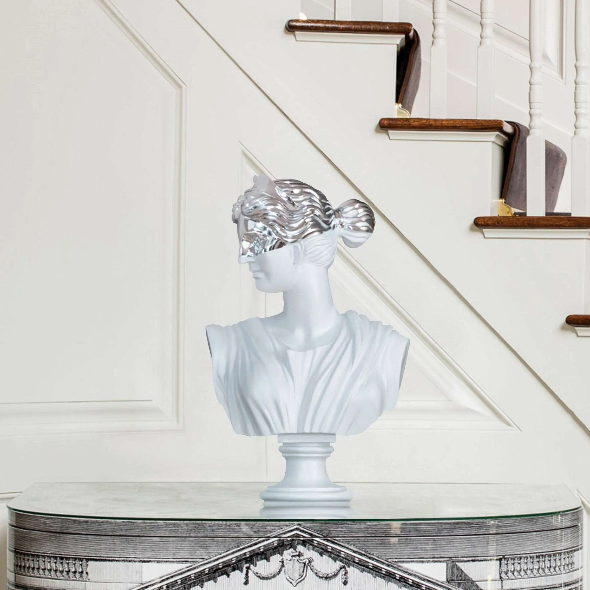 Modern Greek Goddess Bust with Chrome Mask Decorative Sculpture FF-031
