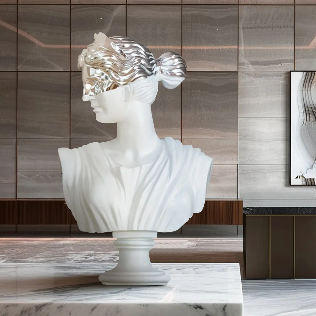 Modern Greek Goddess Bust with Chrome Mask Decorative Sculpture FF-031