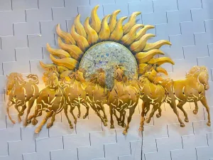 M.S. ART Metal 7 Running Horses with Sun and LED Wall Art for Home/Bedroom/Dinning Hall/Living Room/Office/Cafe/Hotel -(Size 53x5x36Cm, Color Multi)