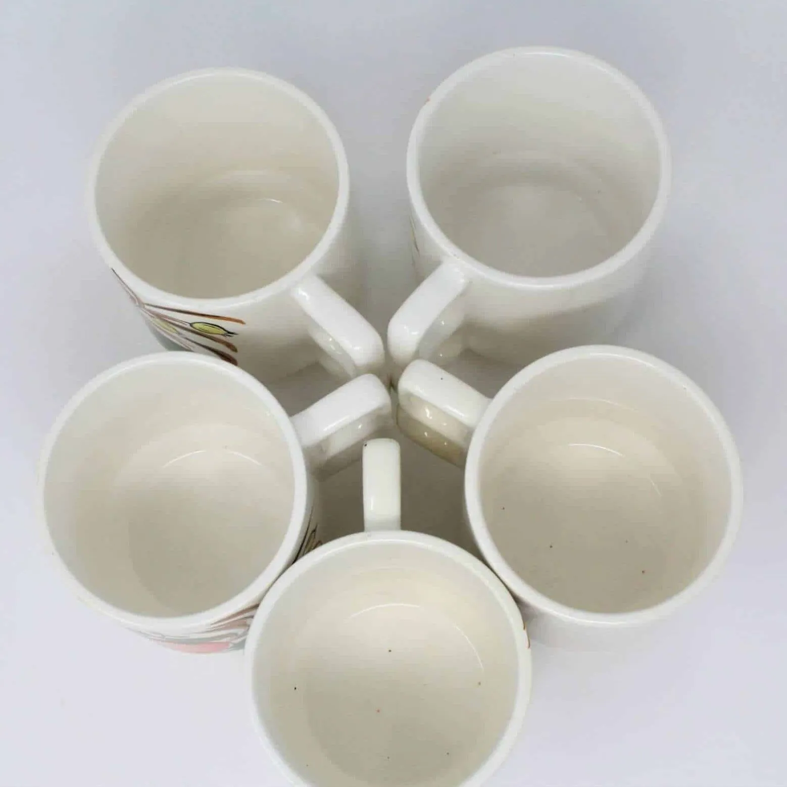 Mugs, Stackable Two Finger / Knuckle Handle, Apple Design, Set of 5, Ceramic, Vintage