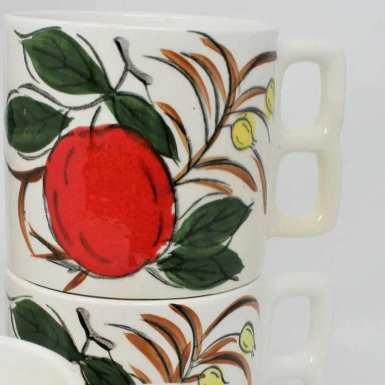 Mugs, Stackable Two Finger / Knuckle Handle, Apple Design, Set of 5, Ceramic, Vintage