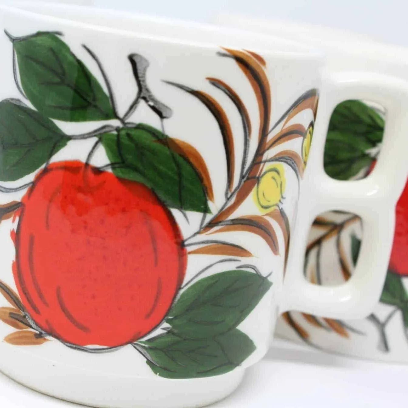 Mugs, Stackable Two Finger / Knuckle Handle, Apple Design, Set of 5, Ceramic, Vintage