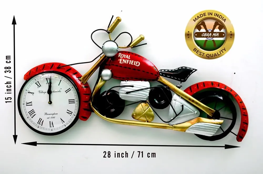 OBRA MIA Metal Wall Bullet Bike with Clock - Metal Bullet Bike with Clock showpiece/Bike for Home Decor (Red)