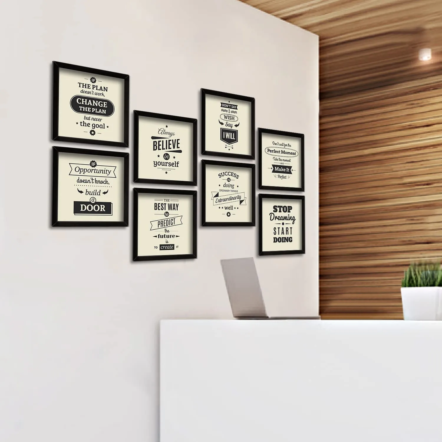 PAPER PLANE DESIGN Motivational Quotes Wall Framed Poster, Office Wall Decor, Inpirational Wall Frames with Quotes.Set of 8 (10 x 10 Inch) (MDF POSTERS)