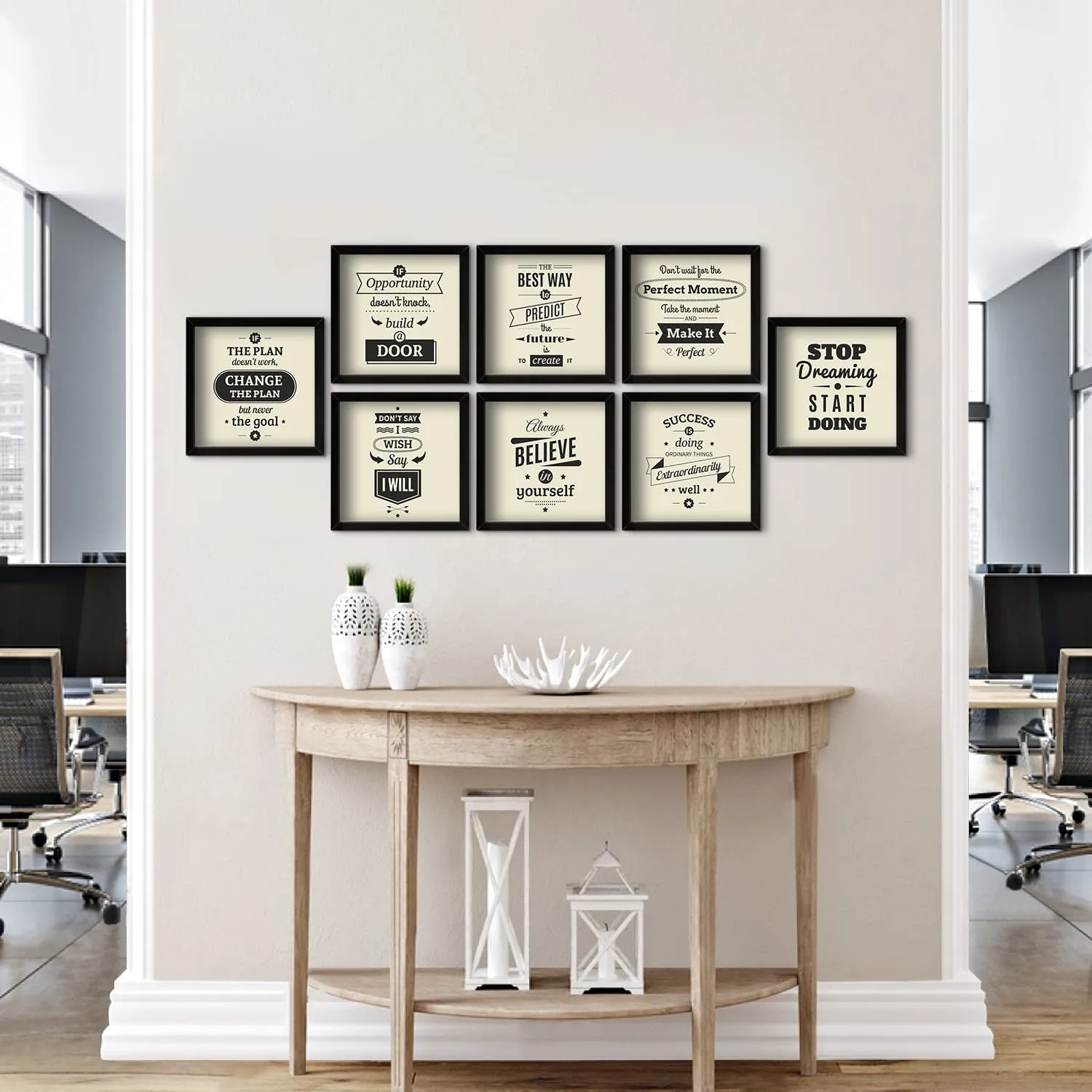 PAPER PLANE DESIGN Motivational Quotes Wall Framed Poster, Office Wall Decor, Inpirational Wall Frames with Quotes.Set of 8 (10 x 10 Inch) (MDF POSTERS)