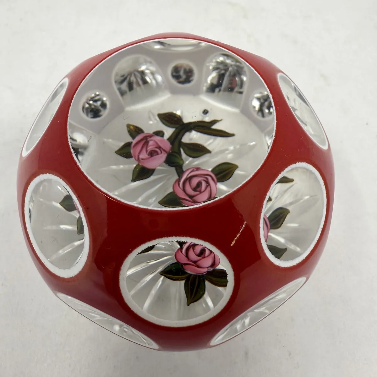 Paper Weight with Two Roses Encased in Red/White Double Overlay