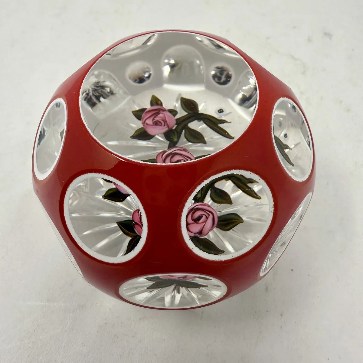 Paper Weight with Two Roses Encased in Red/White Double Overlay