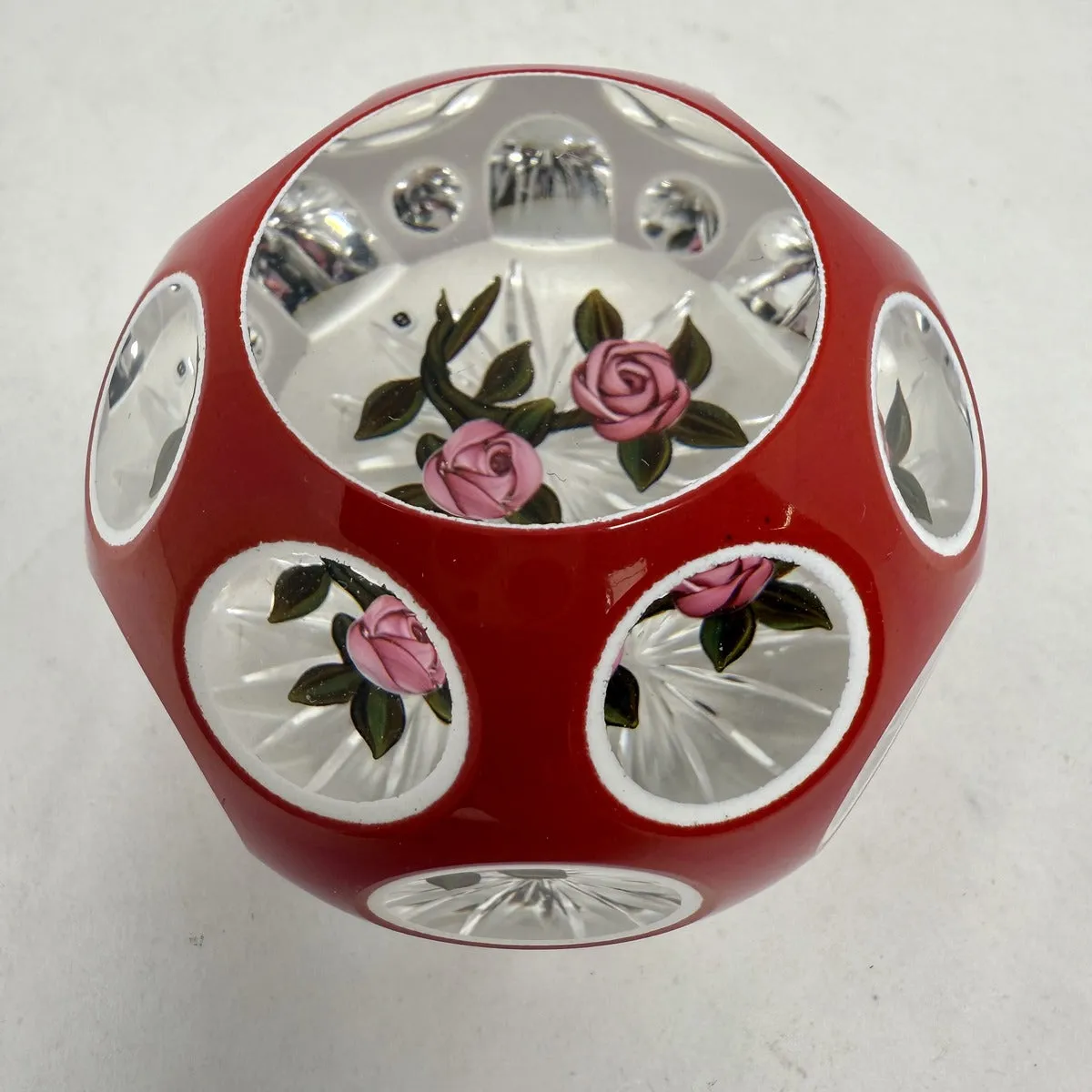 Paper Weight with Two Roses Encased in Red/White Double Overlay