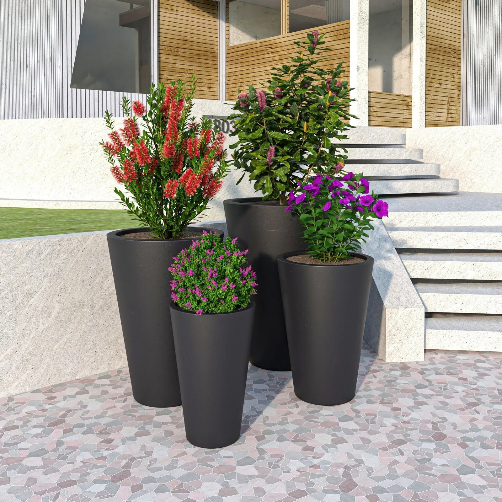 Pebble 4-Piece Modern Fiberstone and MGO Clay Tapered Round Planter Set for Indoor and Outdoor