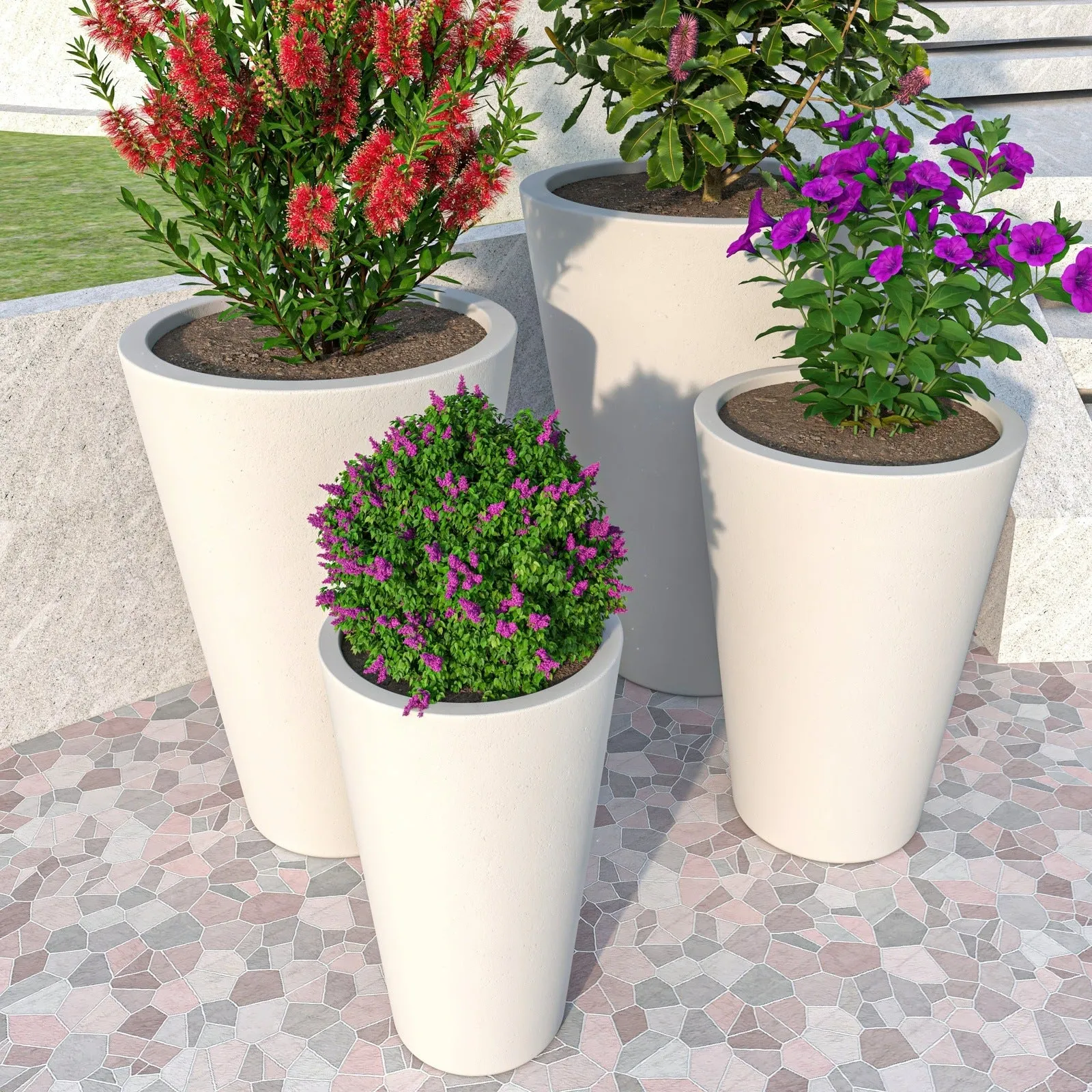Pebble 4-Piece Modern Fiberstone and MGO Clay Tapered Round Planter Set for Indoor and Outdoor