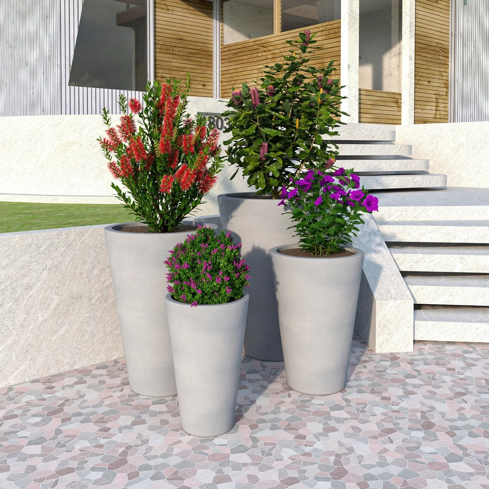 Pebble 4-Piece Modern Fiberstone and MGO Clay Tapered Round Planter Set for Indoor and Outdoor