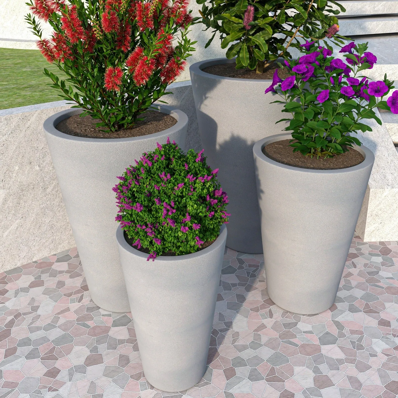 Pebble 4-Piece Modern Fiberstone and MGO Clay Tapered Round Planter Set for Indoor and Outdoor