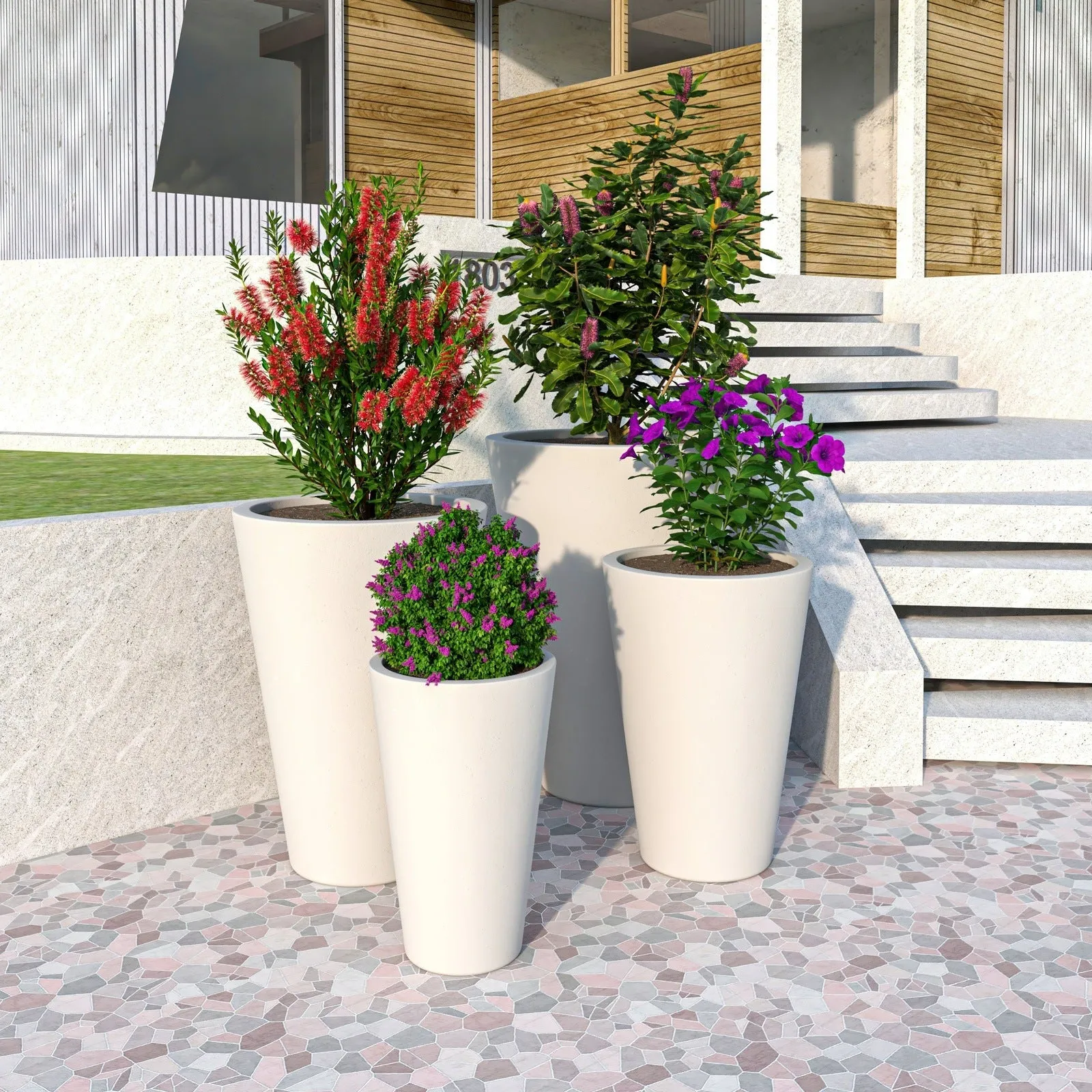 Pebble 4-Piece Modern Fiberstone and MGO Clay Tapered Round Planter Set for Indoor and Outdoor