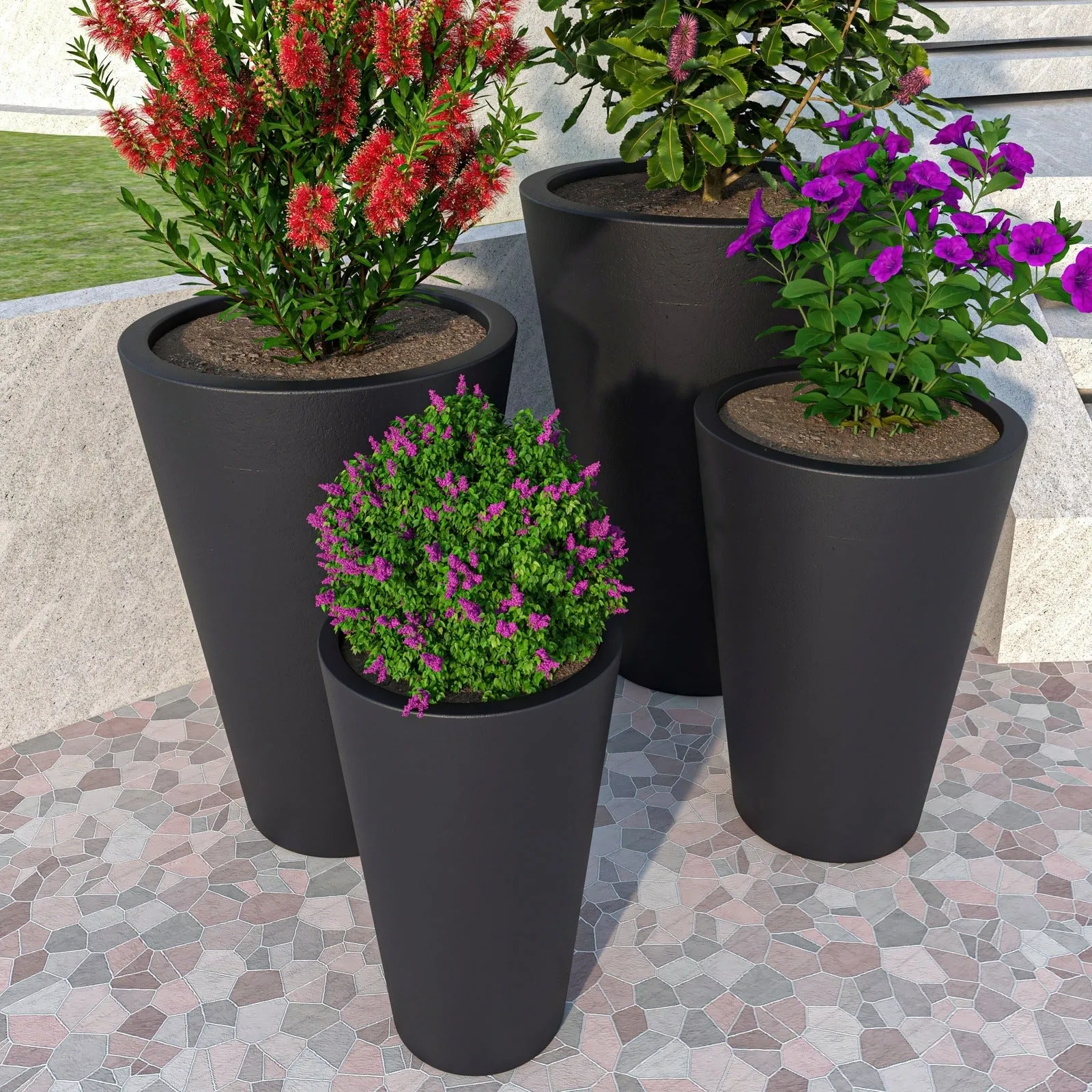 Pebble 4-Piece Modern Fiberstone and MGO Clay Tapered Round Planter Set for Indoor and Outdoor