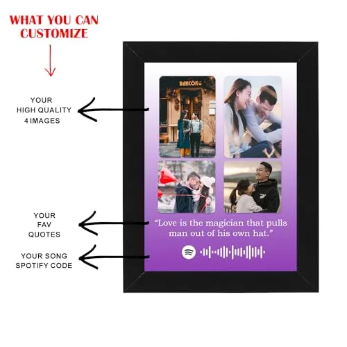 Pic 'n' Pair Personalized Wall Spotify Photo Frame With Customizable Spotify Song & Photo of Your Choice for Wedding, Birthday, and Couple Gifts Black Frame, 6×8 Inches (Pinkish Purple)