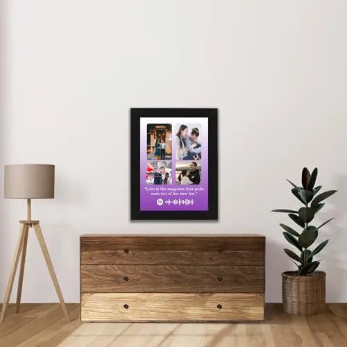 Pic 'n' Pair Personalized Wall Spotify Photo Frame With Customizable Spotify Song & Photo of Your Choice for Wedding, Birthday, and Couple Gifts Black Frame, 6×8 Inches (Pinkish Purple)