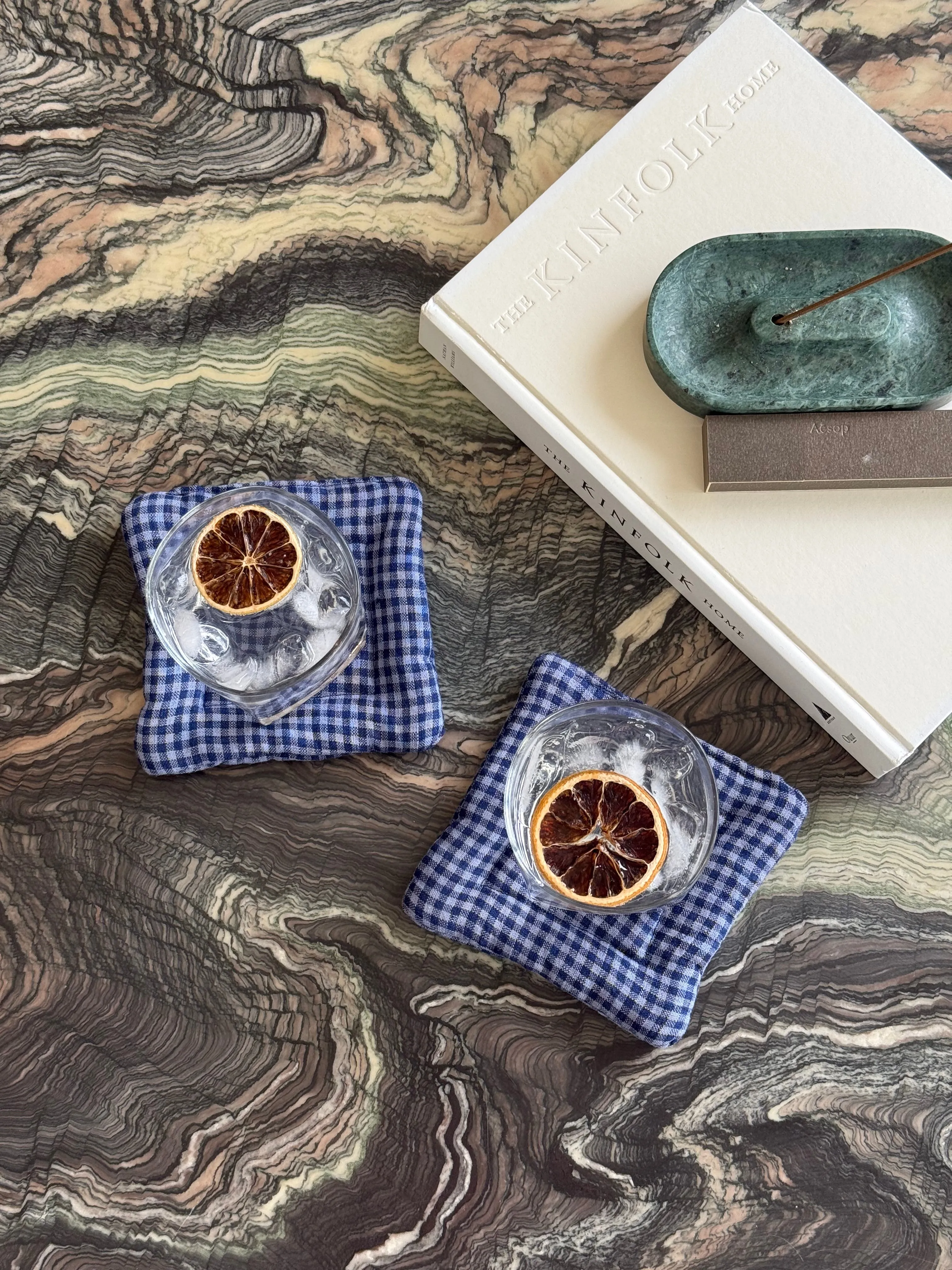 Pillow Coasters in Blue Gingham (Sold Individually)