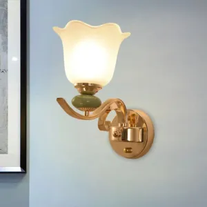 Retro Floral Bedside Wall Lamp with Milky Glass Shade | Gold Mounted Scroll Arm Design | 1/2-Light