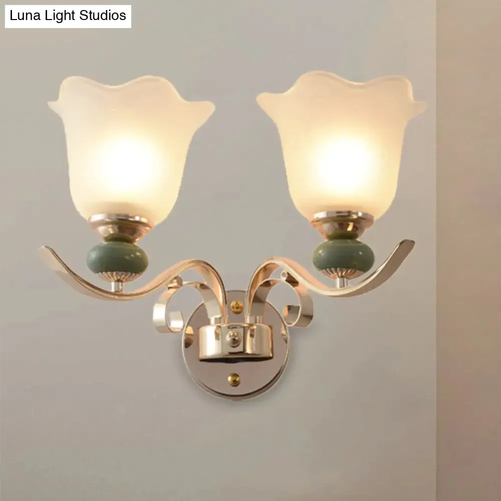 Retro Floral Bedside Wall Lamp with Milky Glass Shade | Gold Mounted Scroll Arm Design | 1/2-Light