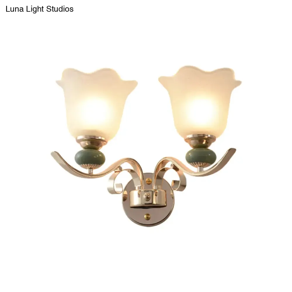 Retro Floral Bedside Wall Lamp with Milky Glass Shade | Gold Mounted Scroll Arm Design | 1/2-Light