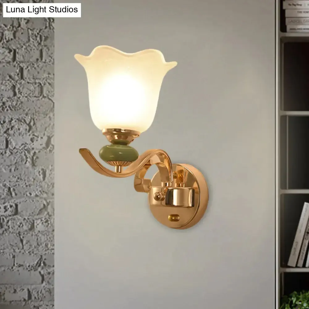 Retro Floral Bedside Wall Lamp with Milky Glass Shade | Gold Mounted Scroll Arm Design | 1/2-Light