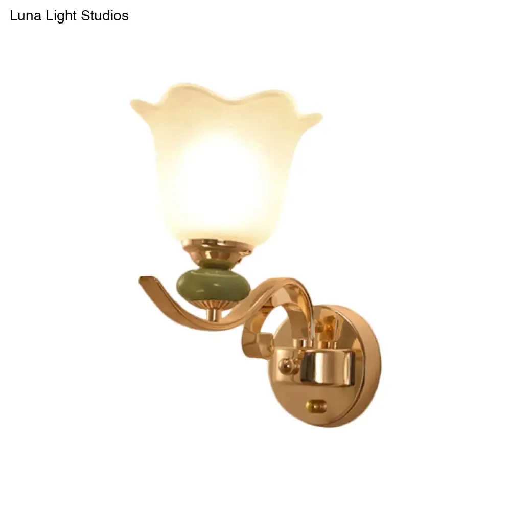 Retro Floral Bedside Wall Lamp with Milky Glass Shade | Gold Mounted Scroll Arm Design | 1/2-Light
