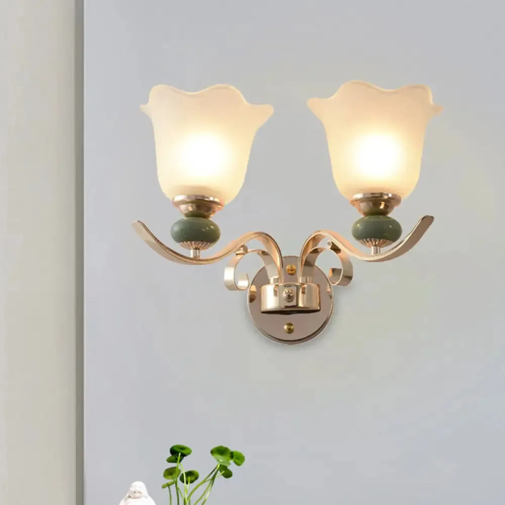 Retro Floral Bedside Wall Lamp with Milky Glass Shade | Gold Mounted Scroll Arm Design | 1/2-Light