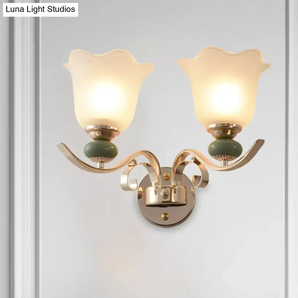 Retro Floral Bedside Wall Lamp with Milky Glass Shade | Gold Mounted Scroll Arm Design | 1/2-Light