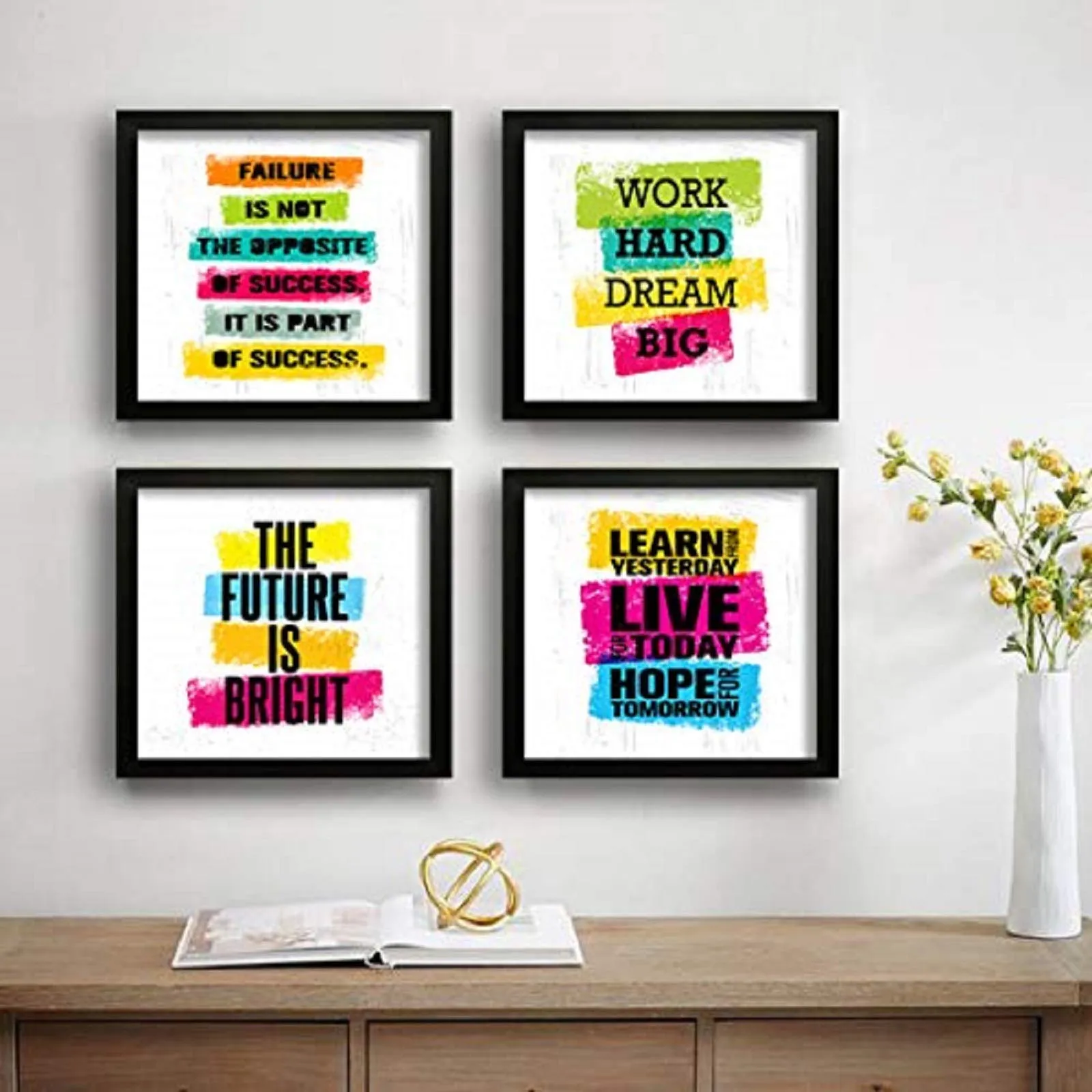 SAF Motivational Quotes Digital Reprint Painting (19 x 19 inch) - Set of 4 SANFSD26N & Preety Floral Flower and Leaf in Cone Pot 3 Piece,Multicolour