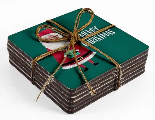 Set of 6 Drink Coasters Decorative Non,Slip Cork Base 4-inch Square Printed Coasters Easy Clean- Christmas
