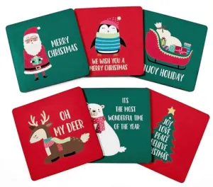 Set of 6 Drink Coasters Decorative Non,Slip Cork Base 4-inch Square Printed Coasters Easy Clean- Christmas
