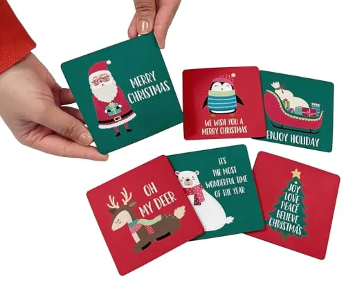 Set of 6 Drink Coasters Decorative Non,Slip Cork Base 4-inch Square Printed Coasters Easy Clean- Christmas