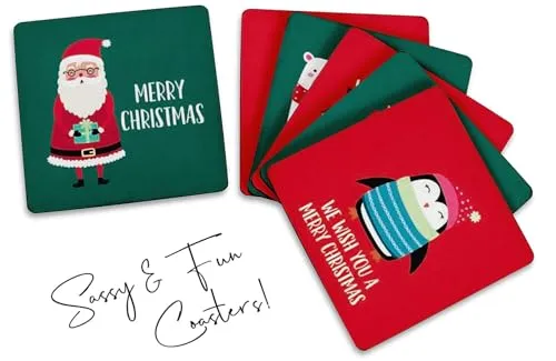 Set of 6 Drink Coasters Decorative Non,Slip Cork Base 4-inch Square Printed Coasters Easy Clean- Christmas