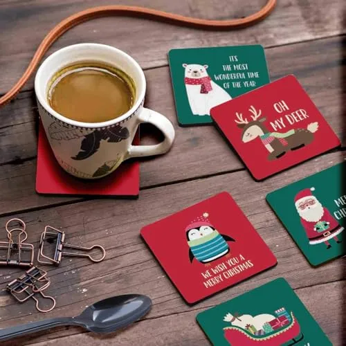 Set of 6 Drink Coasters Decorative Non,Slip Cork Base 4-inch Square Printed Coasters Easy Clean- Christmas