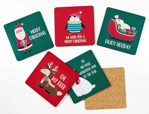 Set of 6 Drink Coasters Decorative Non,Slip Cork Base 4-inch Square Printed Coasters Easy Clean- Christmas