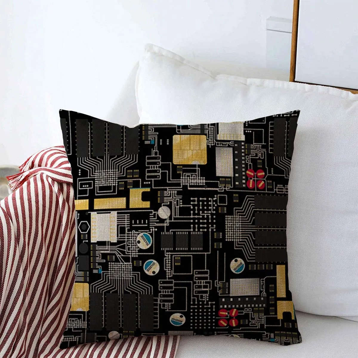 Starookc Throw Pillows Cover 16 x 16 Inches Silver Electricity Circuit Board CPU Components Wires Pattern ASCII Technology Black Cathode Charged Cushion Case Cotton Linen for Fall Home Decor
