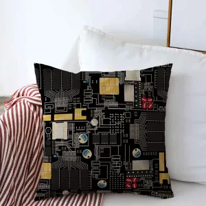 Starookc Throw Pillows Cover 16 x 16 Inches Silver Electricity Circuit Board CPU Components Wires Pattern ASCII Technology Black Cathode Charged Cushion Case Cotton Linen for Fall Home Decor